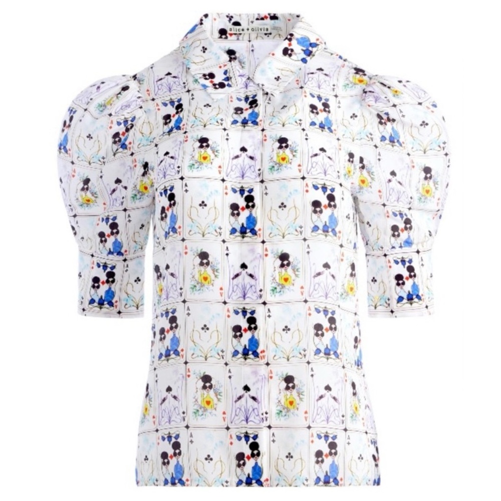ALICE + OLIVIA Willa Printed Silk Puff Sleeve Top - Picture 2 of 13